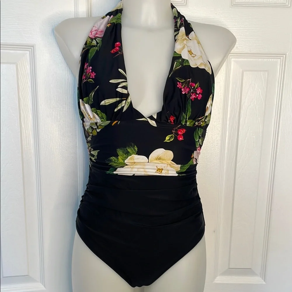 CUPSHE MULTI COLOR FLORAL HALTER PLUNGE ONE PIECE TUMMY CONTROL SWIMSUIT SIZE S